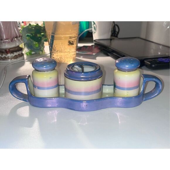 Vintage Lusterware condiment set. Made In Japan Blue Lusterware SP tray spn - Picture 5 of 11